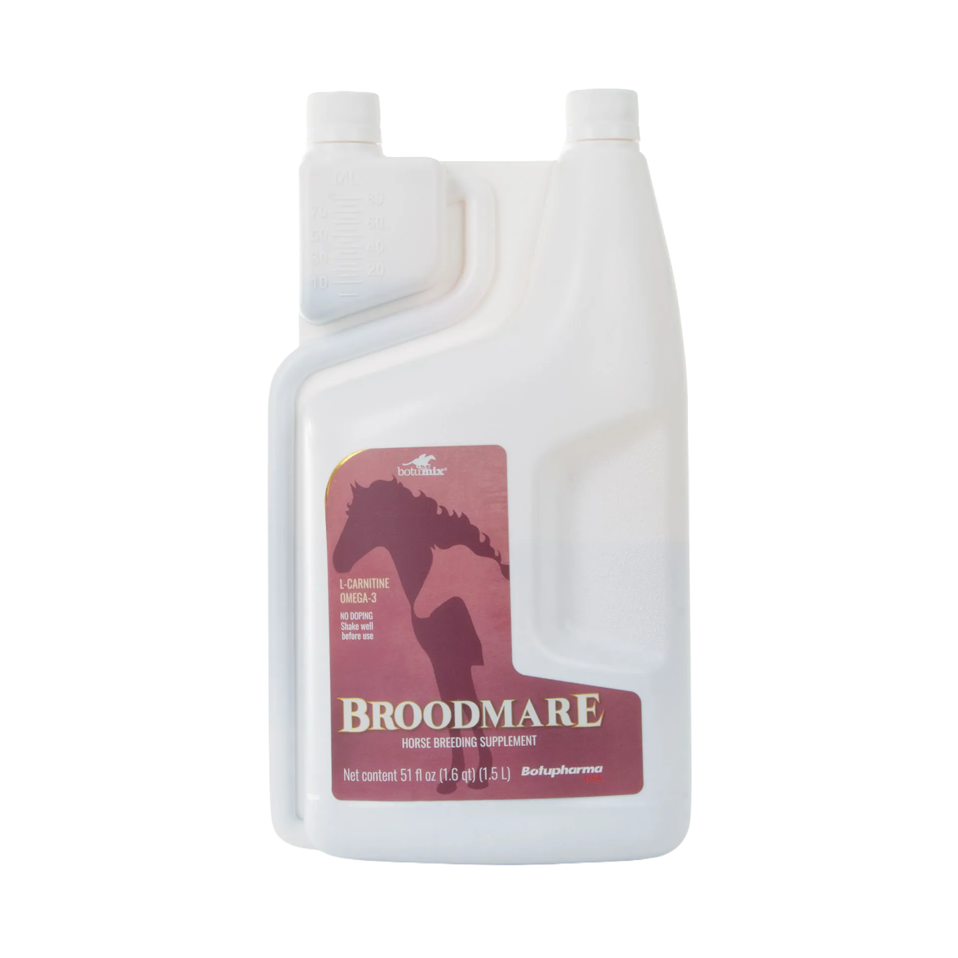 BOTU Broodmare Supplement,"White bottle with measuring chamber cap and front label"