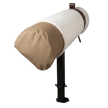 Pleated cylindrical filter with fabric end cap on stand,"Pleated cylindrical filter on metal stand with fabric end cap"