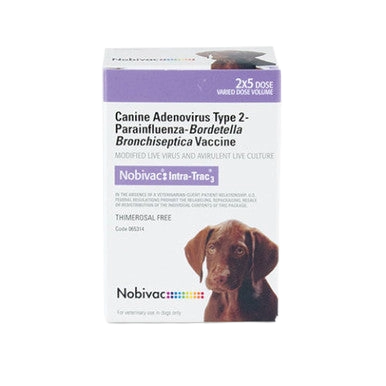 "Nobivac® Intra-Trac®<sub>3</sub>, 2 x 5 ml","Front view of vaccine box with dog photo"