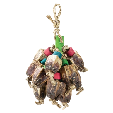 Crunchy Munchy,"Hanging bundle of bark chew pieces with colored wooden blocks"