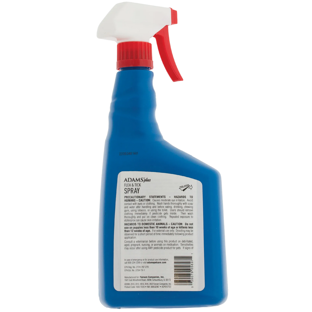 Adams™ Plus Flea & Tick Spray,"Blue spray bottle with red trigger and back label"
