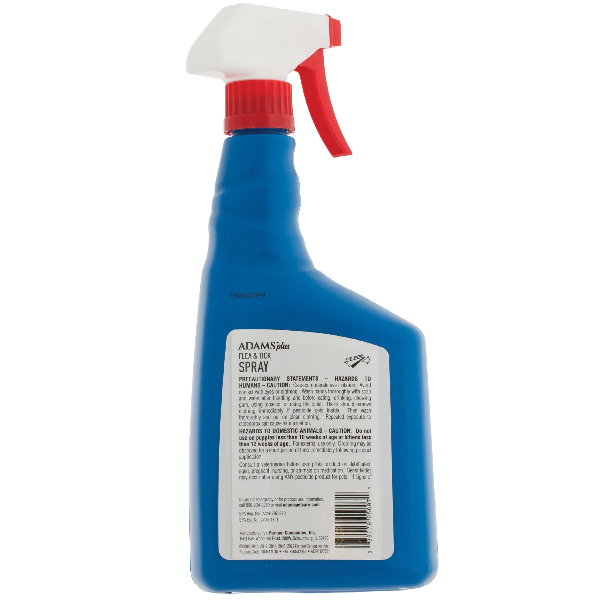 Adams™ Plus Flea & Tick Spray,"Blue spray bottle with red trigger and back label"