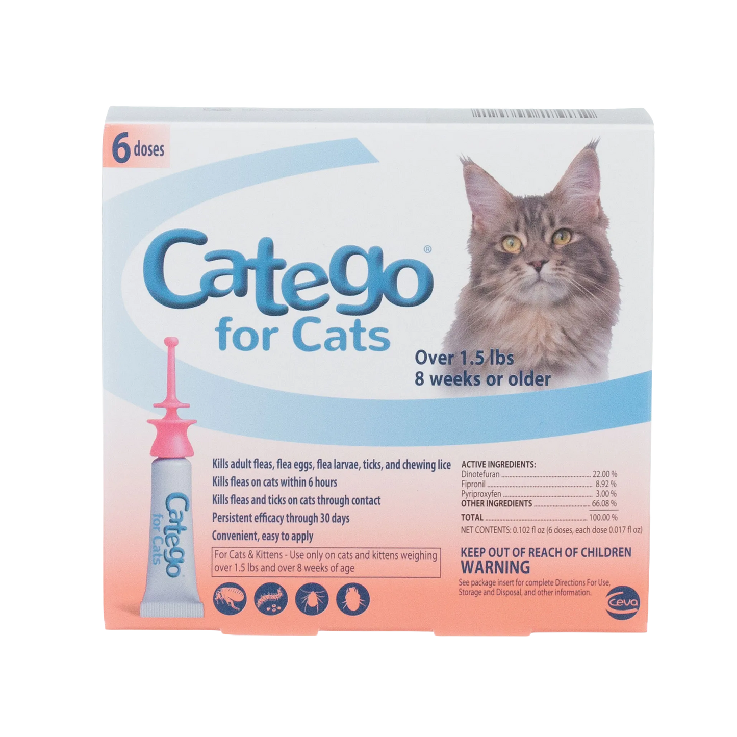 Catego®,"Front of box with cat photo and single applicator tube"