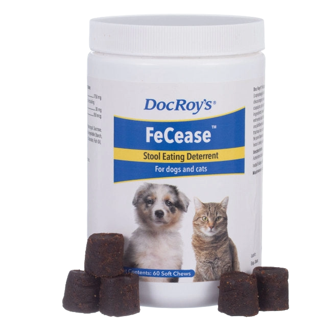 Doc Roy's® FeCease™,"White supplement jar with dog and cat label and soft chews"