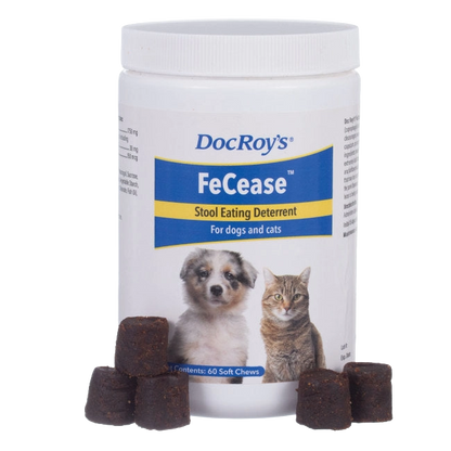 Doc Roy's® FeCease™,"White supplement jar with dog and cat label and soft chews"