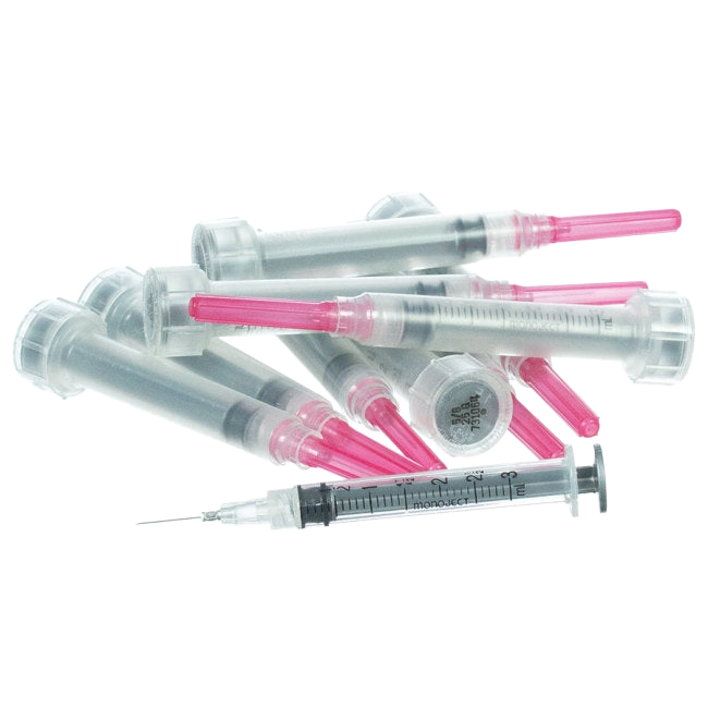 3cc MonoJect™ Syringes with 25 gauge Needles,"Clear syringes with pink needle caps scattered together"