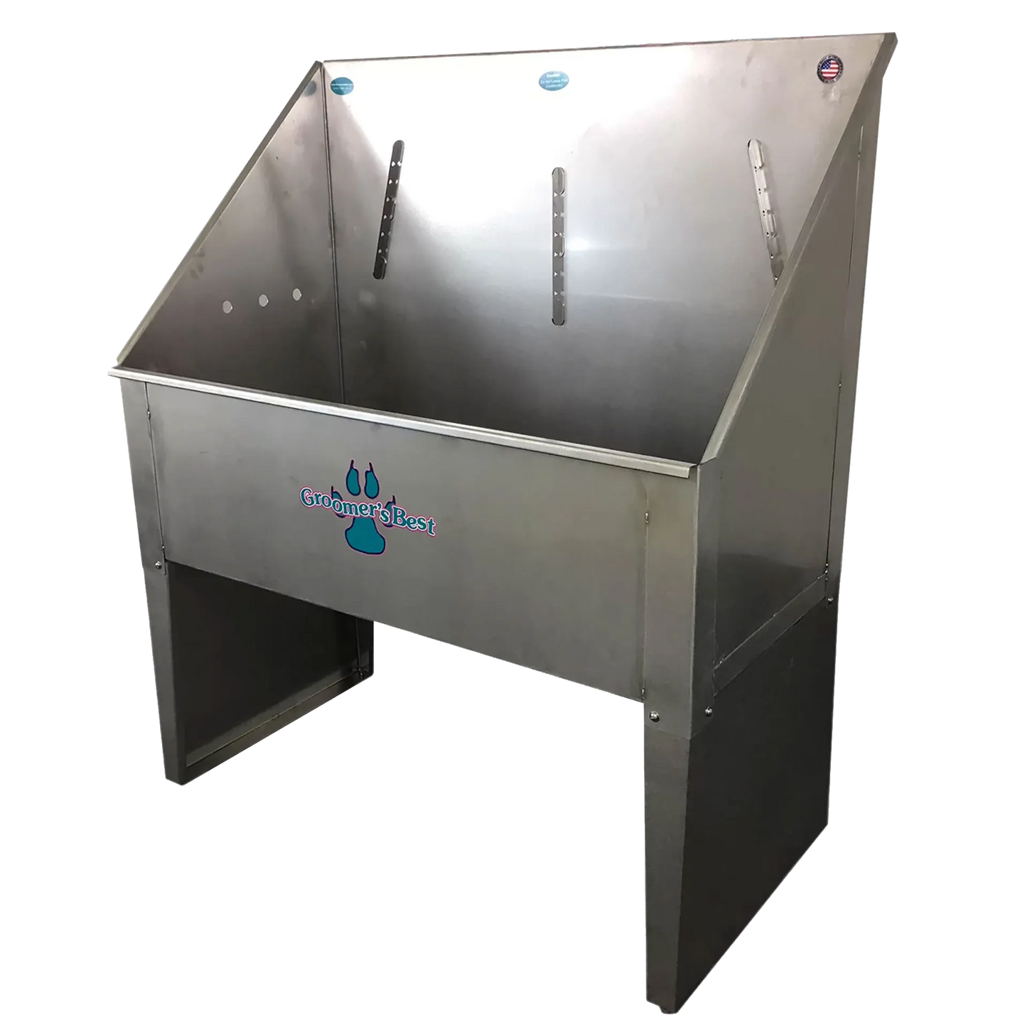 Standard Stainless Steel Bathing Tub,"Stainless steel tub with high backsplash and black base"