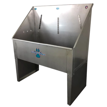 Standard Stainless Steel Bathing Tub,"Stainless steel tub with high backsplash and black base"