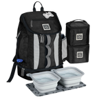 Drop Bottom Week Away Backpack,"Black pet travel backpack with two bowls, mat, and stacked food containers"