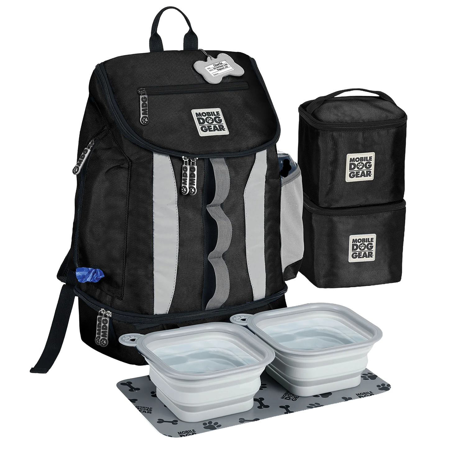 Drop Bottom Week Away Backpack,"Black pet travel backpack with two bowls, mat, and stacked food containers"