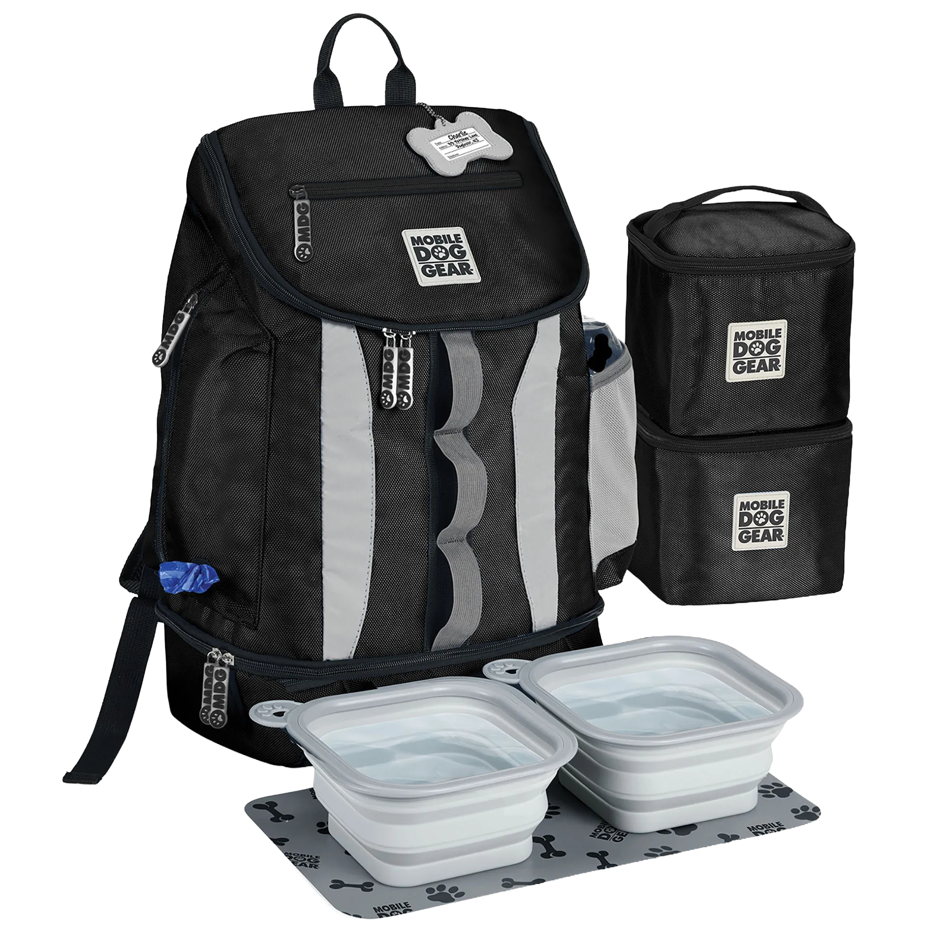 Drop Bottom Week Away Backpack,"Black pet travel backpack with two bowls, mat, and stacked food containers"