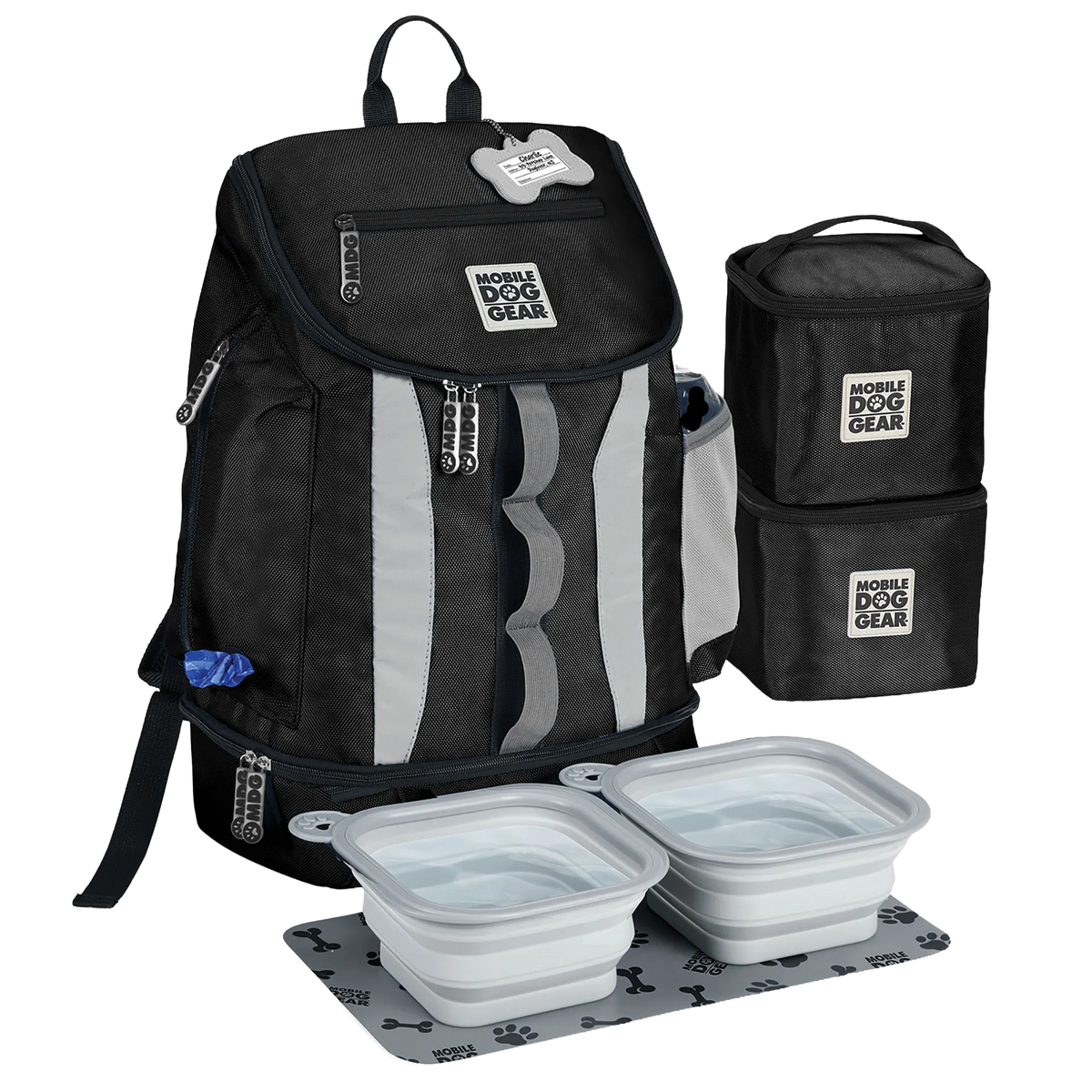 Drop Bottom Week Away Backpack,"Black pet travel backpack with two bowls, mat, and stacked food containers"