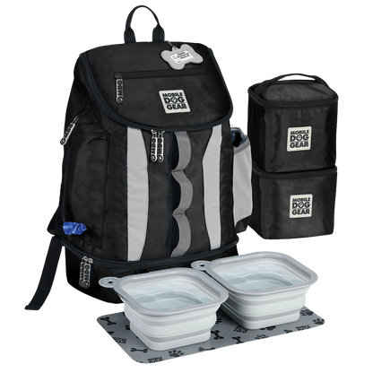 Drop Bottom Week Away Backpack,"Black pet travel backpack with two bowls, mat, and stacked food containers"