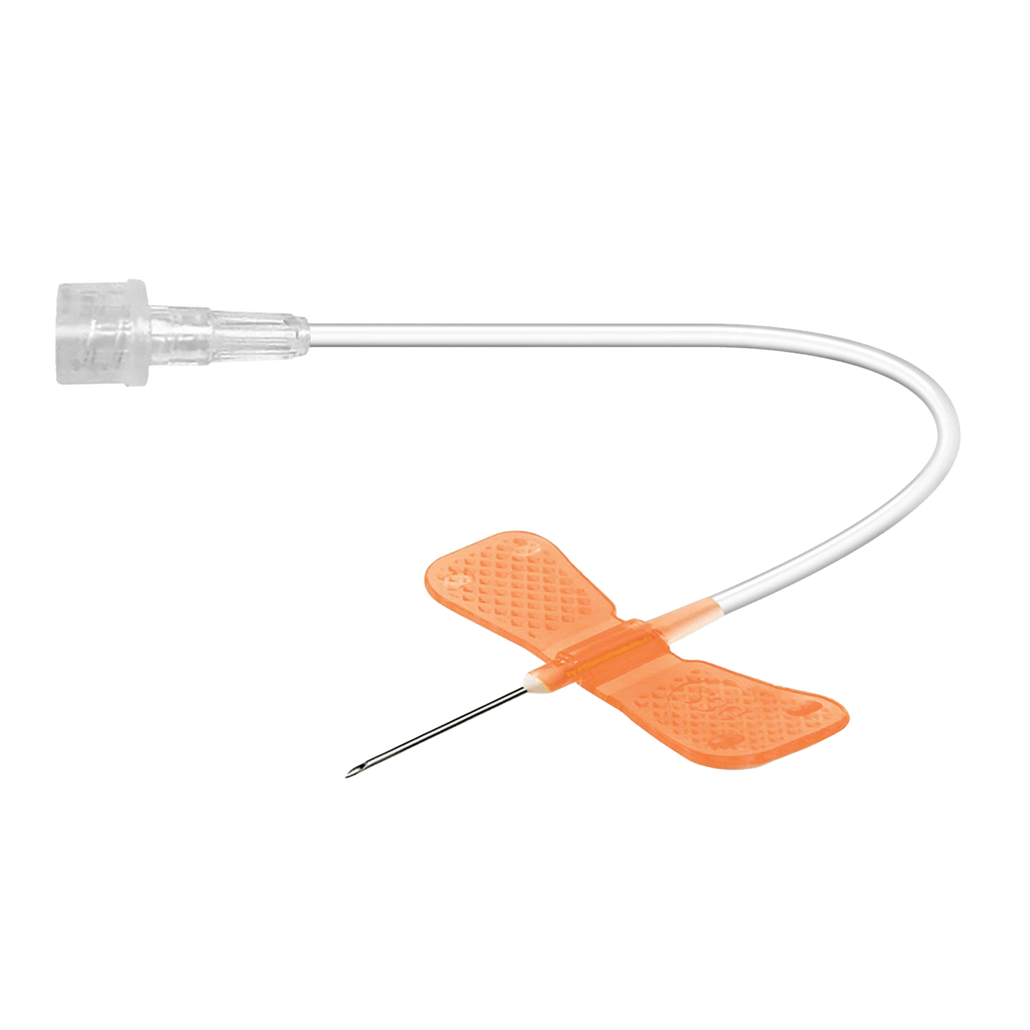 Winged Infusion Set,"Clear tubing with orange wings and attached needle"