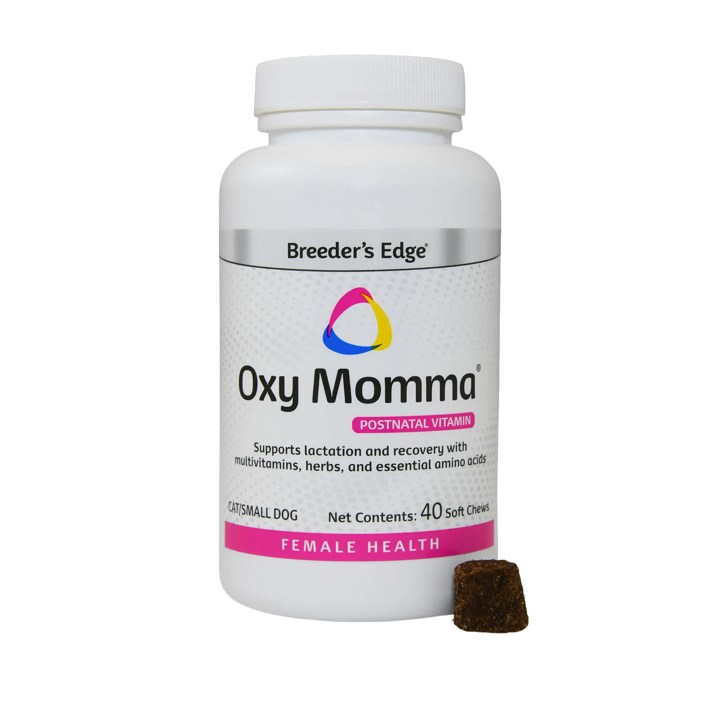 Postpartum Essentials,"White supplement bottle with one brown soft chew"