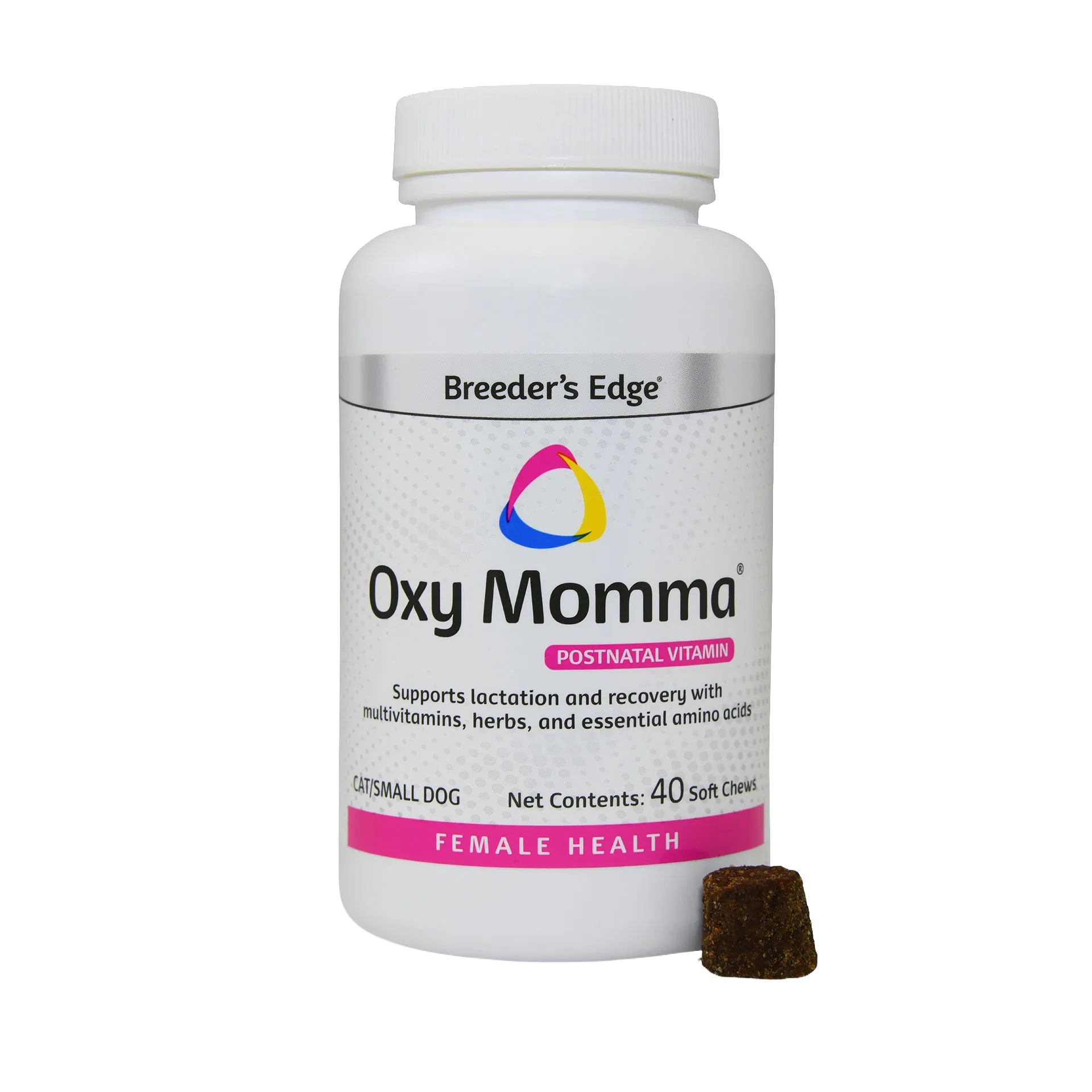 Postpartum Essentials,"White supplement bottle with one brown soft chew"