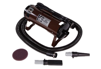 K-9 I Dog Dryer,"Brown cylindrical dog dryer with hose and two nozzles"