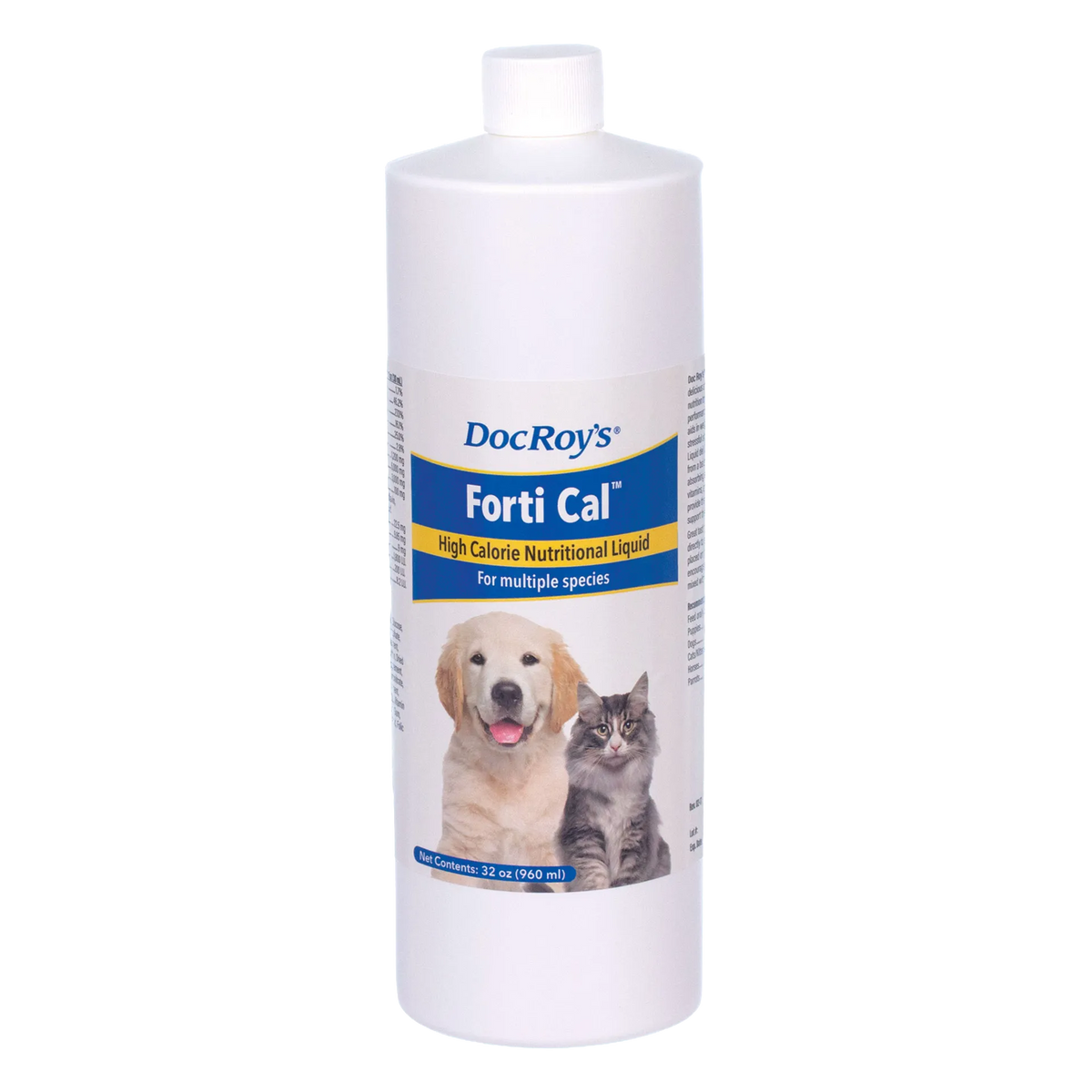 Doc Roy's® Forti Cal™ Liquid,"White bottle with screw cap and dog and cat label"