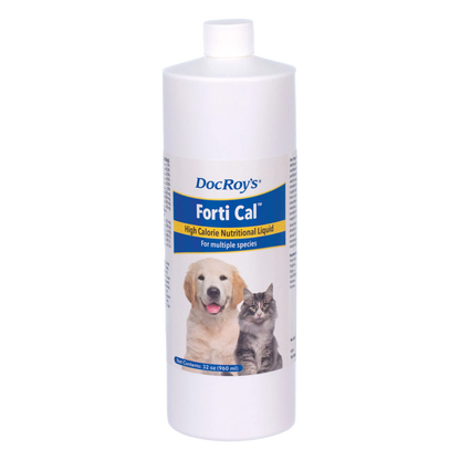 Doc Roy's® Forti Cal™ Liquid,"White bottle with screw cap and dog and cat label"