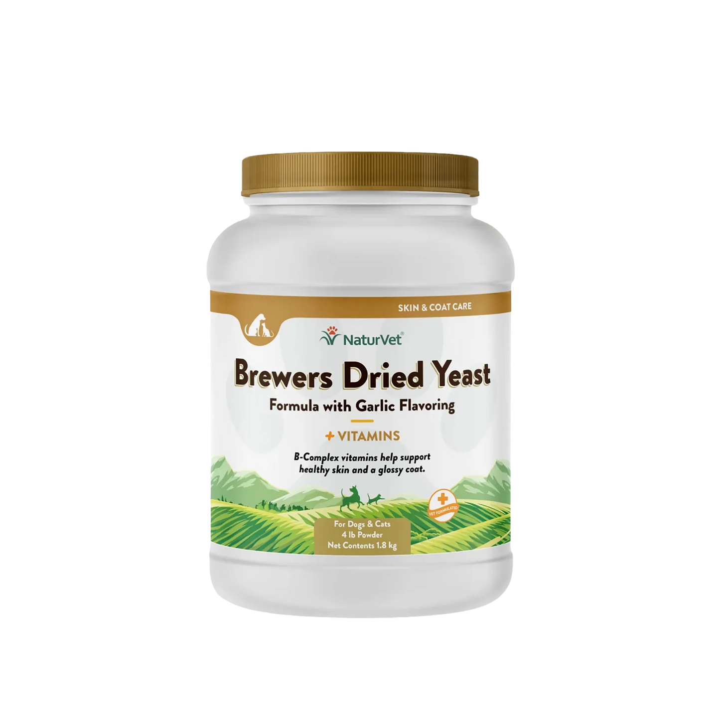Brewers Dried Yeast Formula with Garlic Flavoring,"White powder jar with gold cap and green landscape label"