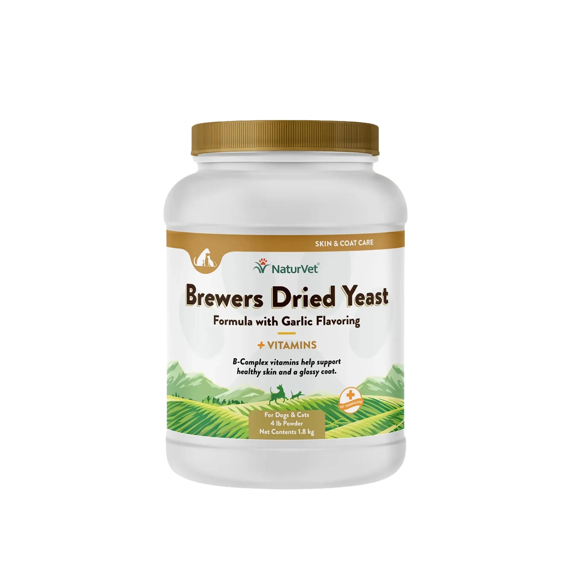 Brewers Dried Yeast Formula with Garlic Flavoring,"White powder jar with gold cap and green landscape label"