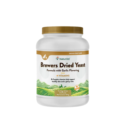 Brewers Dried Yeast Formula with Garlic Flavoring,"White powder jar with gold cap and green landscape label"