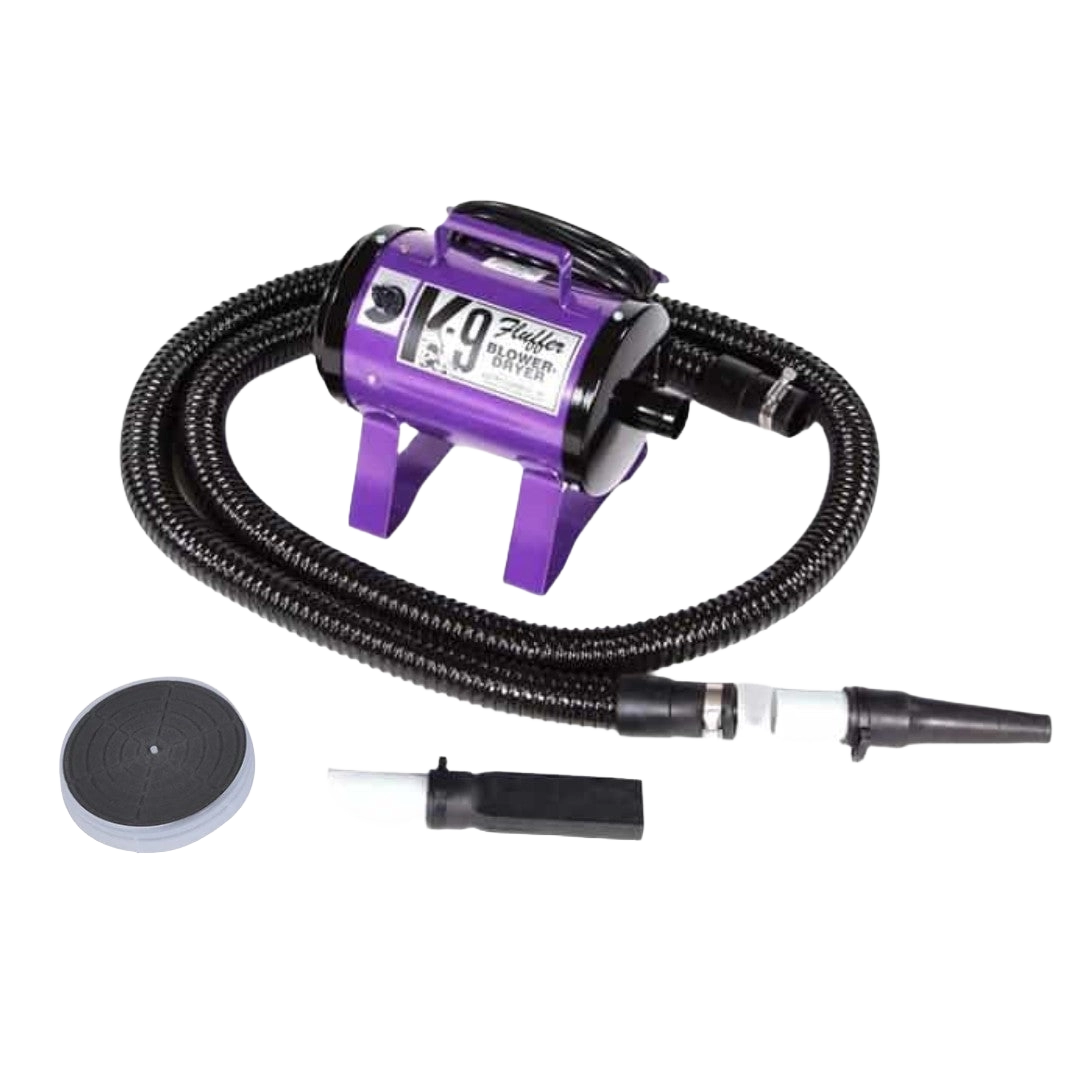 K-9 Fluffer Dog Dryer & Dog Fluffer,"Purple pet dryer with black hose and nozzle attachments"