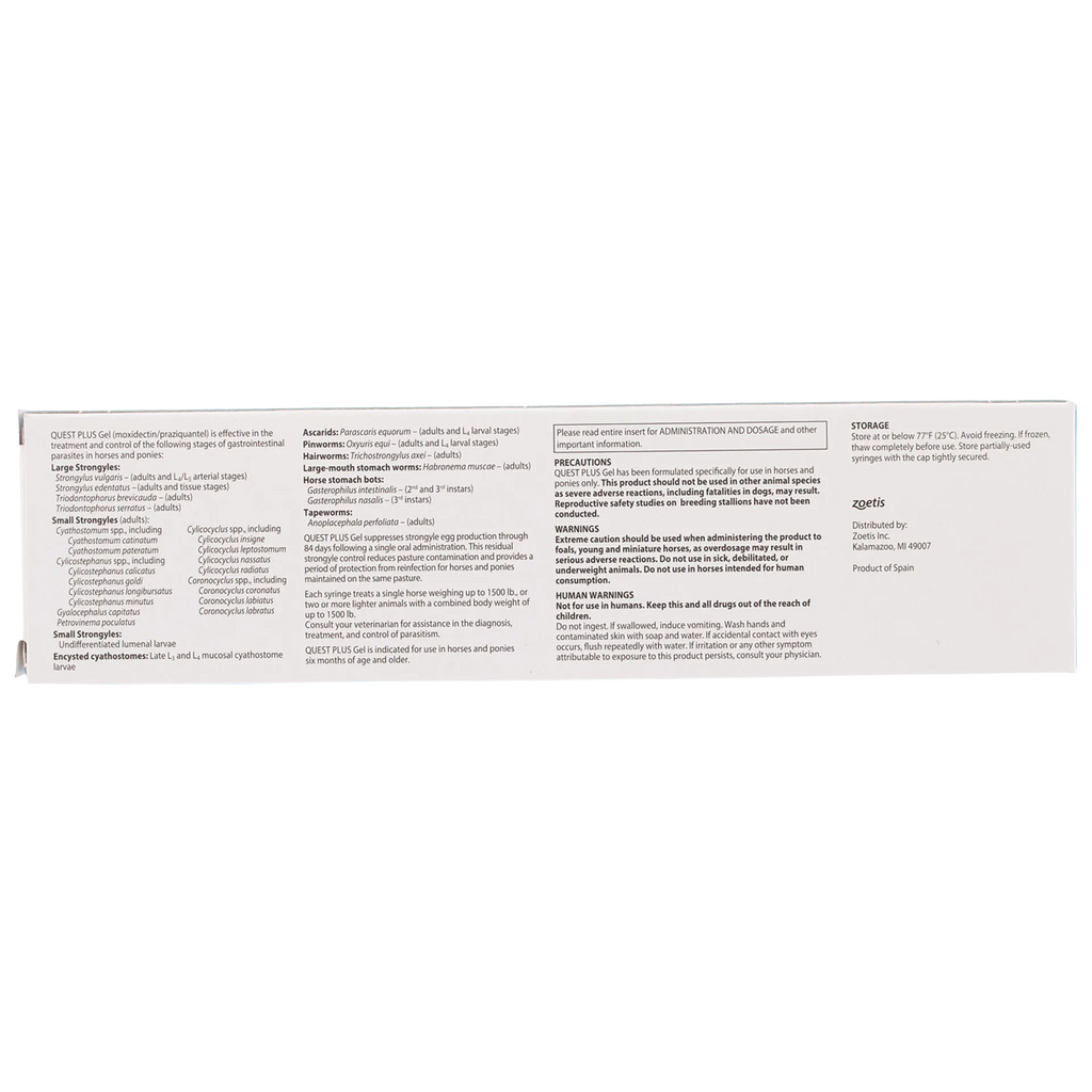 Quest® Plus Equine Oral Gel,"Long side panel of product box with dosing information"