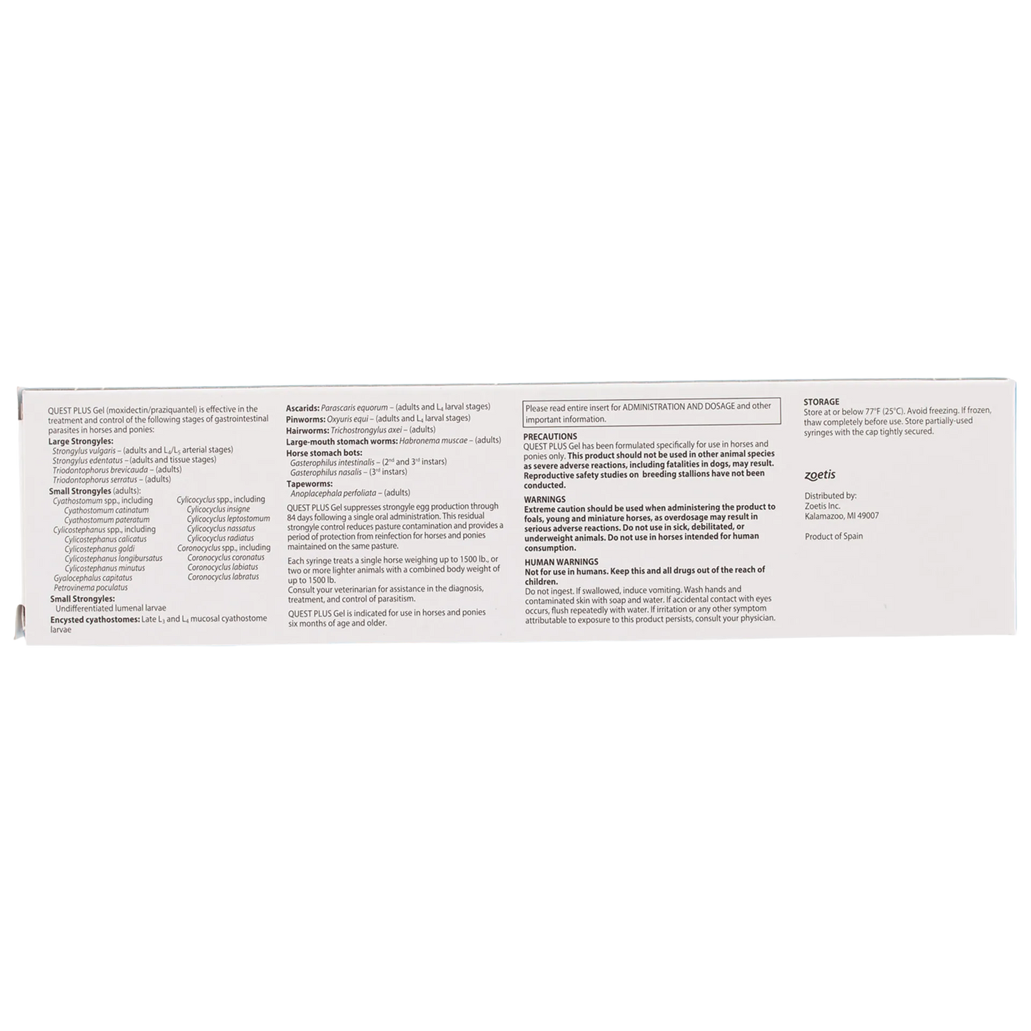Quest® Plus Equine Oral Gel,"Long side panel of product box with dosing information"
