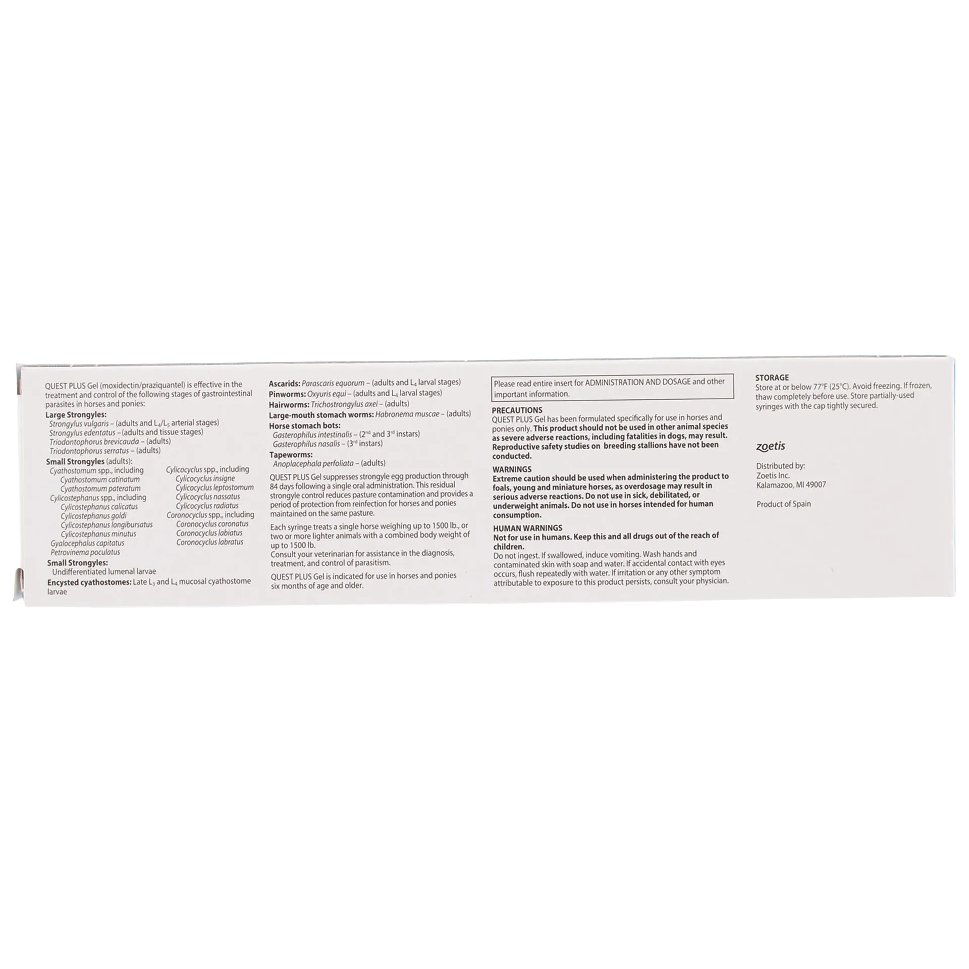 Quest® Plus Equine Oral Gel,"Long side panel of product box with dosing information"