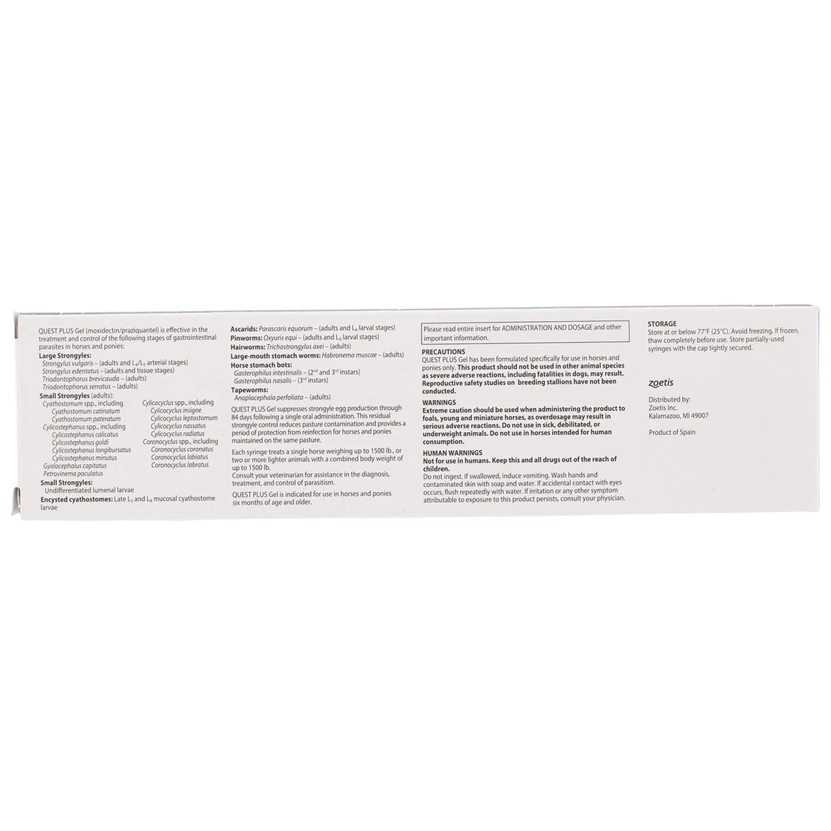 Quest® Plus Equine Oral Gel,"Long side panel of product box with dosing information"