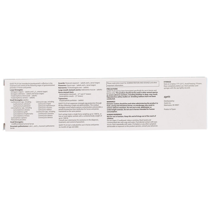 Quest® Plus Equine Oral Gel,"Long side panel of product box with dosing information"