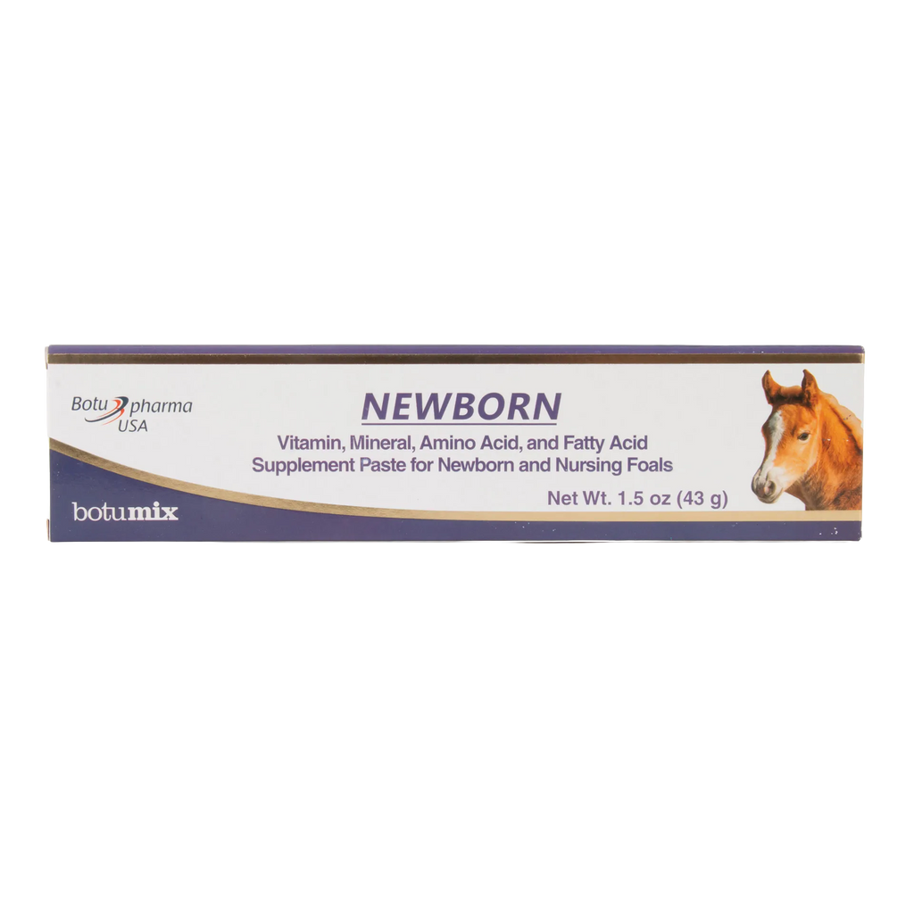 Botumix Newborn Supplement,"Rectangular product box with foal image on right"