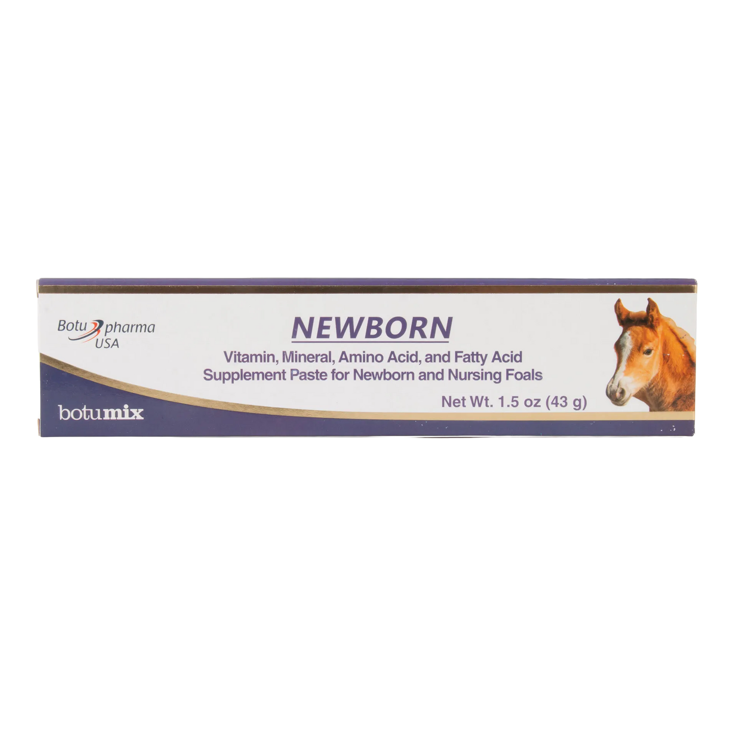 Botumix Newborn Supplement,"Rectangular product box with foal image on right"