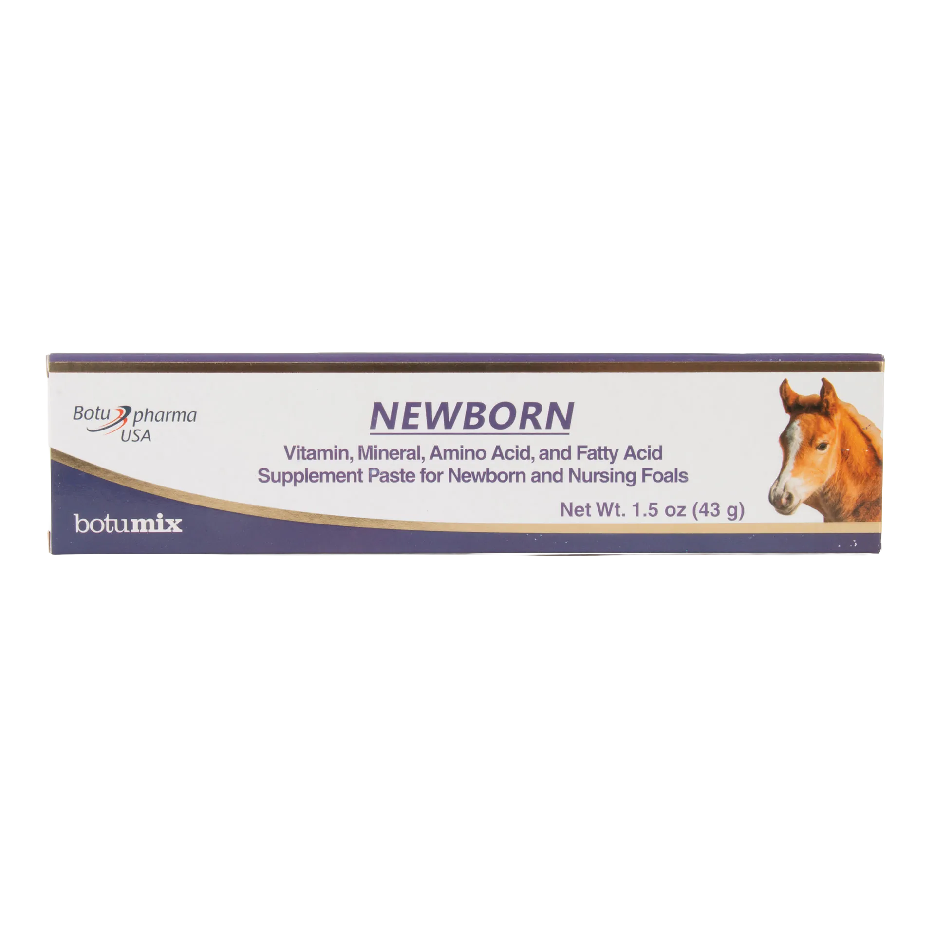 Botumix Newborn Supplement,"Rectangular product box with foal image on right"