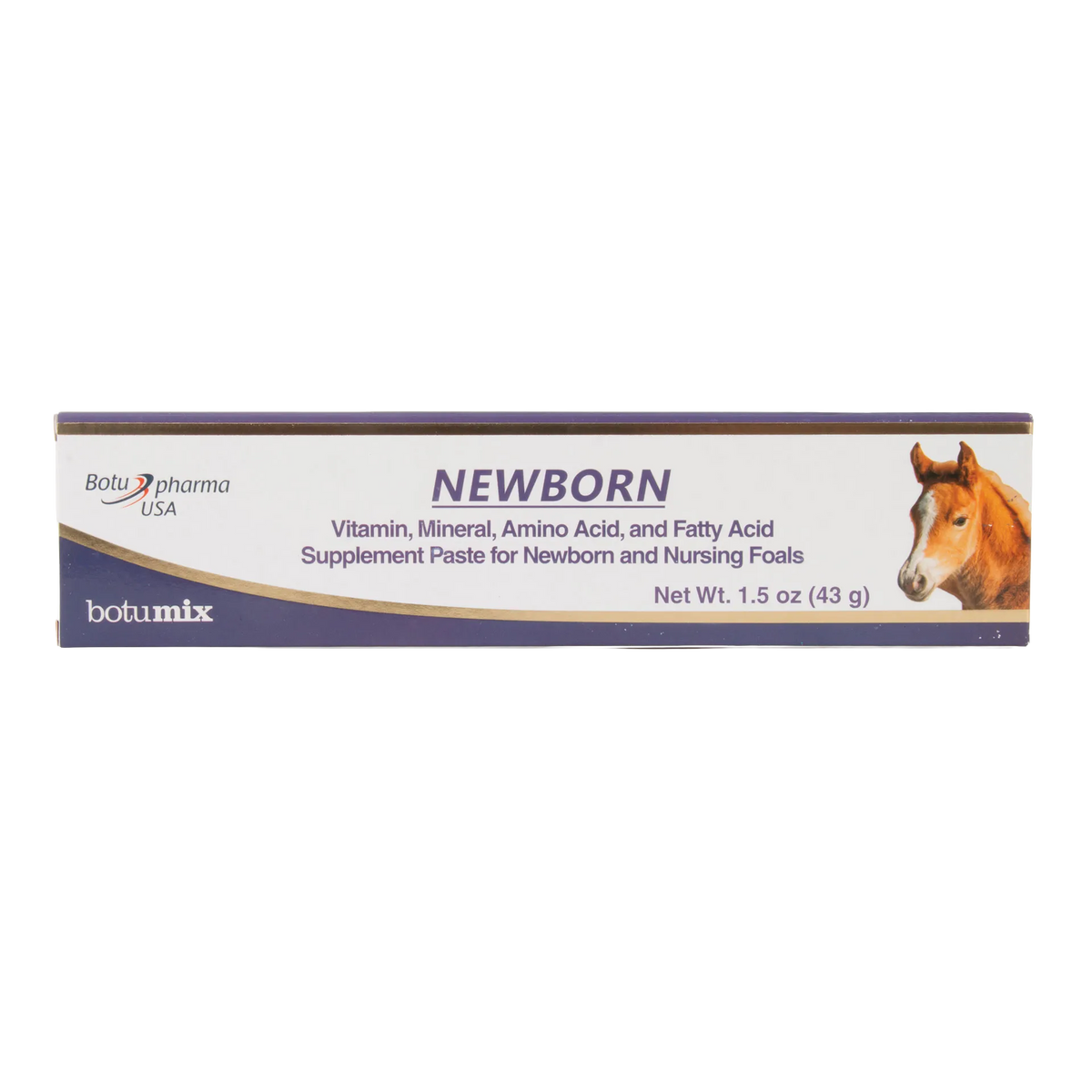 Botumix Newborn Supplement,"Rectangular product box with foal image on right"