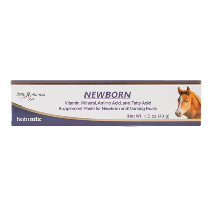 Botumix Newborn Supplement,"Rectangular product box with foal image on right"