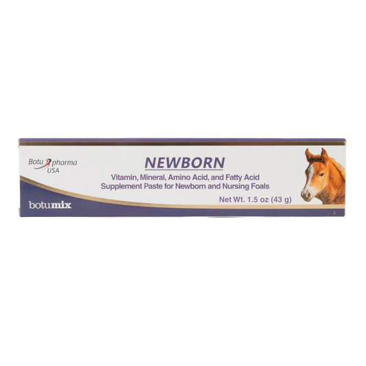 Botumix Newborn Supplement,"Rectangular product box with foal image on right"
