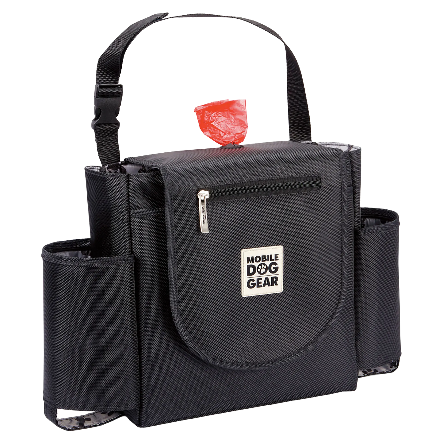 Car Seat Back Organizer Travel Bag,"Black seat back organizer with front zip pocket and side holders"