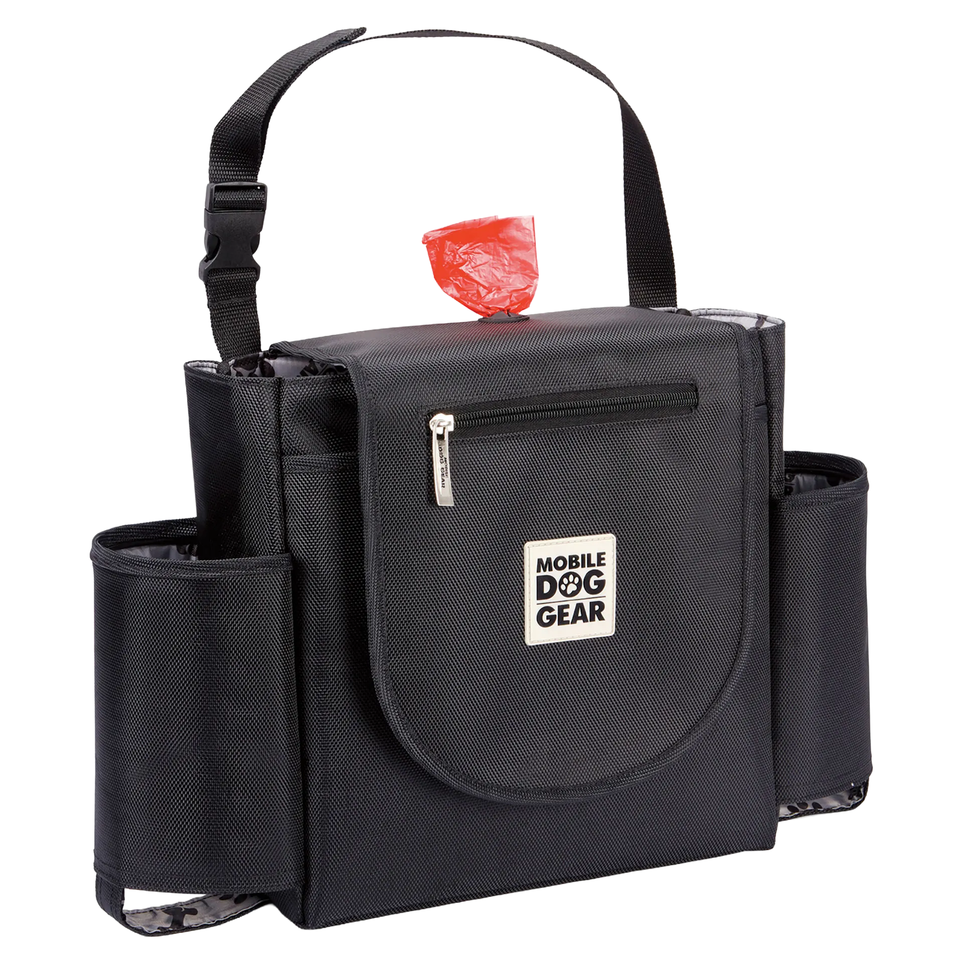 Car Seat Back Organizer Travel Bag,"Black seat back organizer with front zip pocket and side holders"