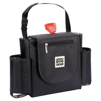 Car Seat Back Organizer Travel Bag,"Black seat back organizer with front zip pocket and side holders"