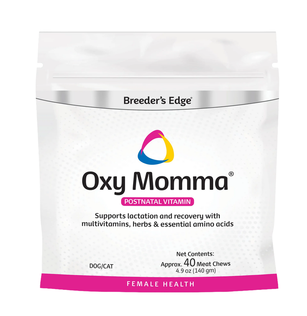 Breeder's Edge® Oxy Momma®,"White resealable stand-up pouch with pink bottom band"