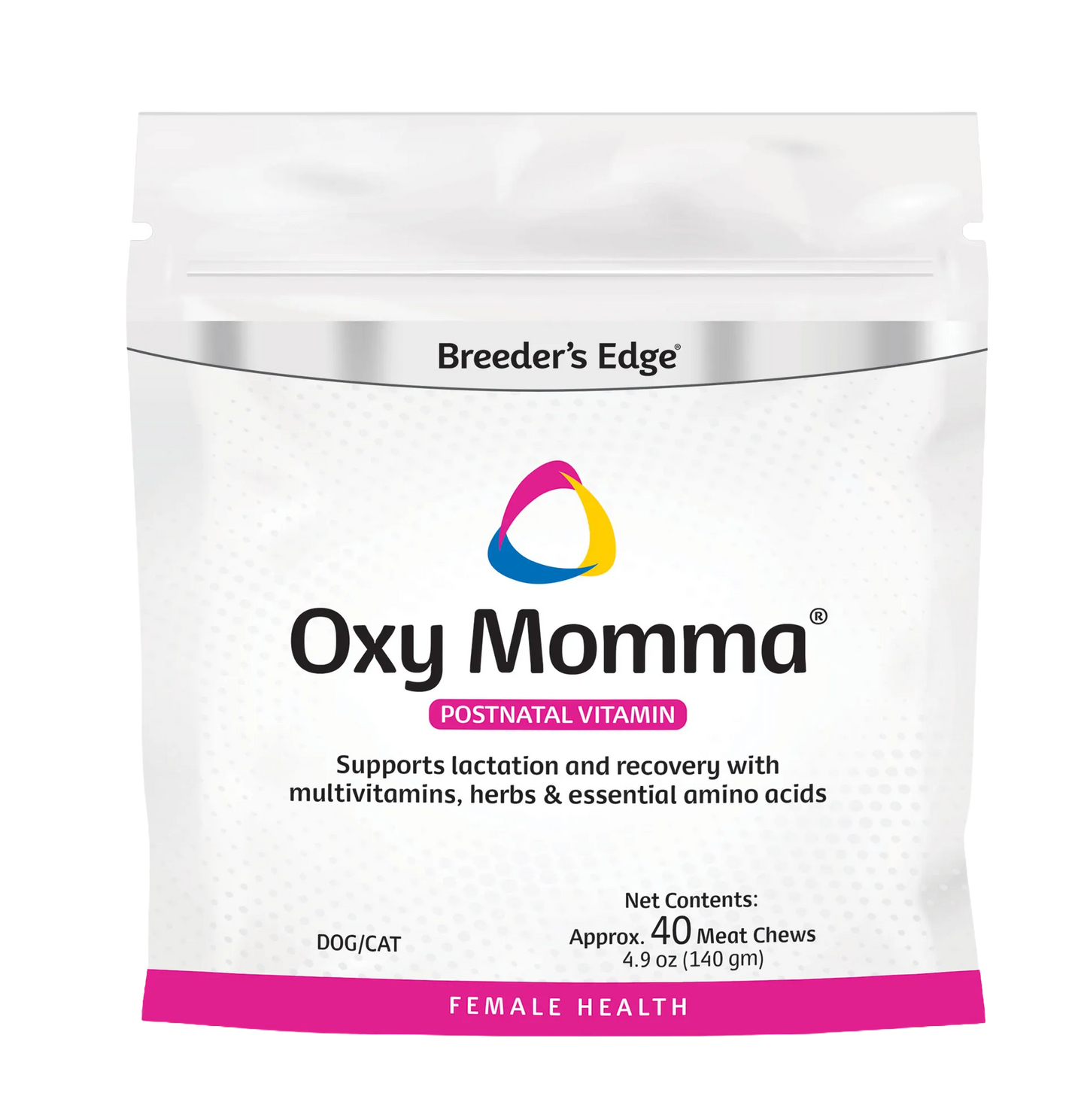 Breeder's Edge® Oxy Momma®,"White resealable stand-up pouch with pink bottom band"