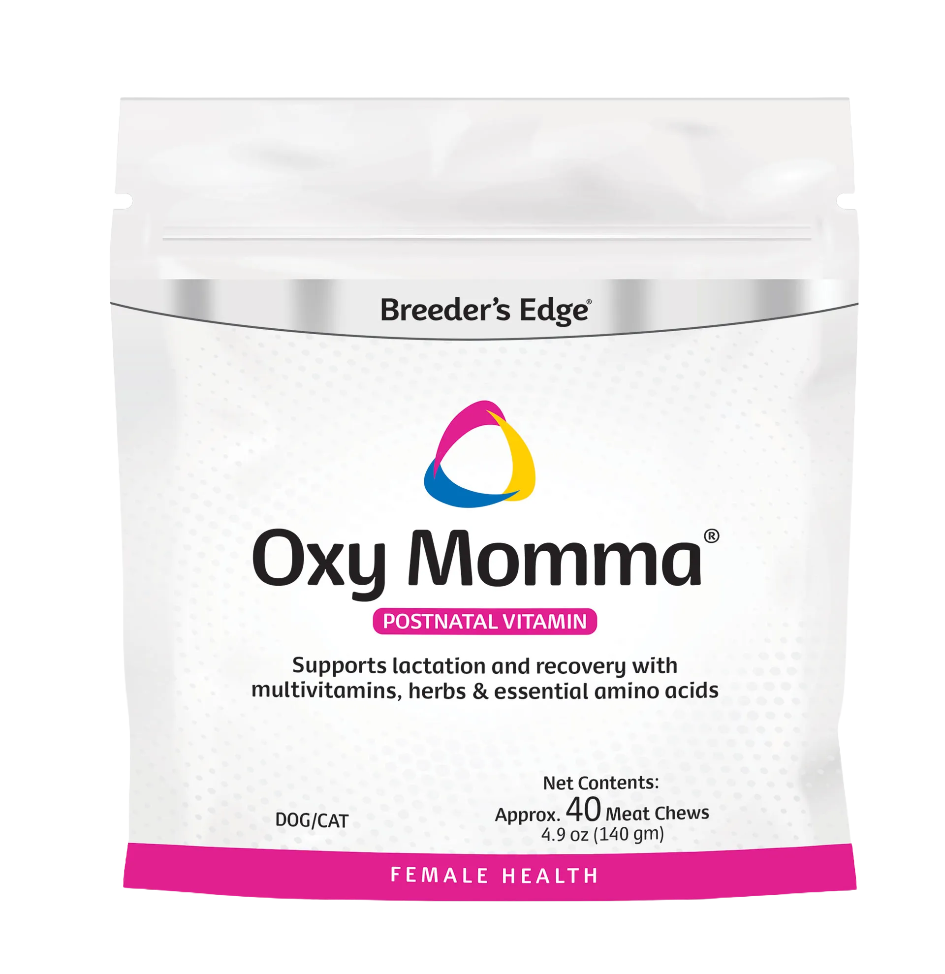 Breeder's Edge® Oxy Momma®,"White resealable stand-up pouch with pink bottom band"