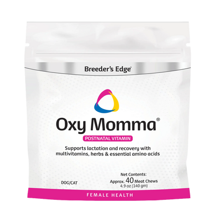 Breeder's Edge® Oxy Momma®,"White resealable stand-up pouch with pink bottom band"