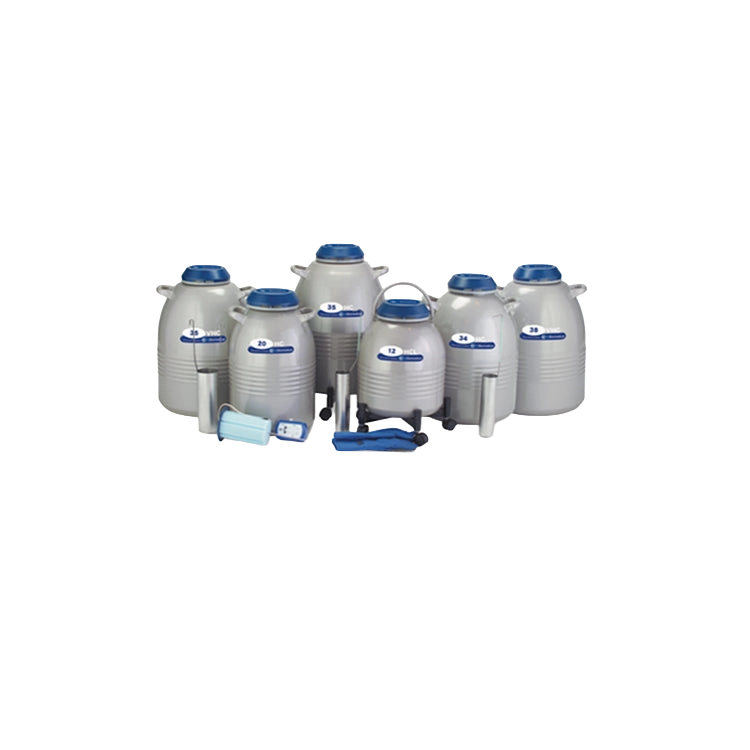 HC Series -High Capacity Tanks,"Group of silver storage tanks with blue caps and accessories"