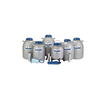 HC Series -High Capacity Tanks,"Group of silver storage tanks with blue caps and accessories"