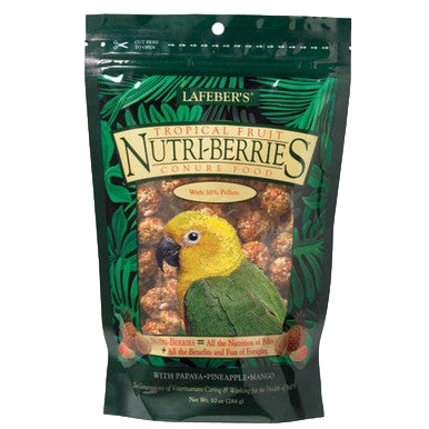 Lafeber Gourmet Tropical Fruit Nutri-Berries,"Resealable bird food pouch with parrot image and visible berry pieces"