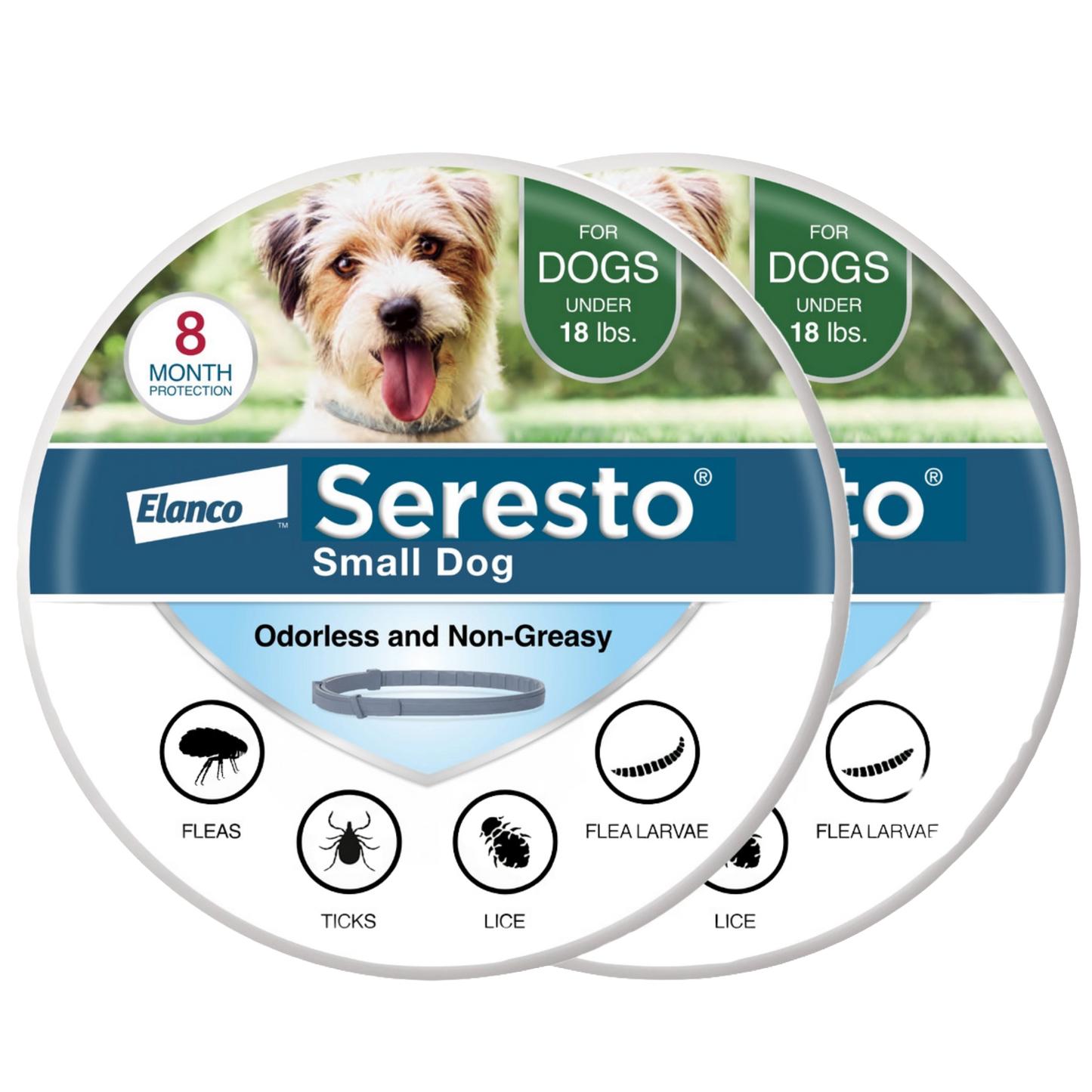 Seresto® Flea & Tick Collars for Cats & Dogs,"Two round dog collar tins with small dog image"