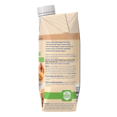 PetAg Goats Milk KMR Liquid Kitten Milk Replacer Ready-to-Feed Formula,"Side view of pet food carton with gray cap"